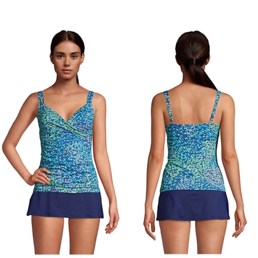 Land’s End V neck wrap Tankini top blue geometric blues print underwire 6D